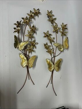 Gold Metal Butterfly Wall Art - Pair Home interior brass copper vintage